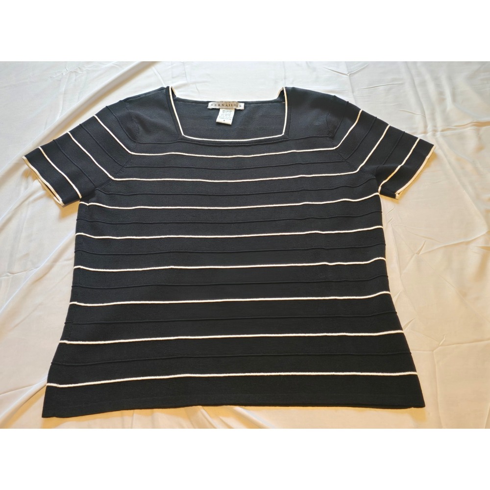 Versailles Black Striped Knit Top Short Sleeve Square Neck Casual Womens Size S‎